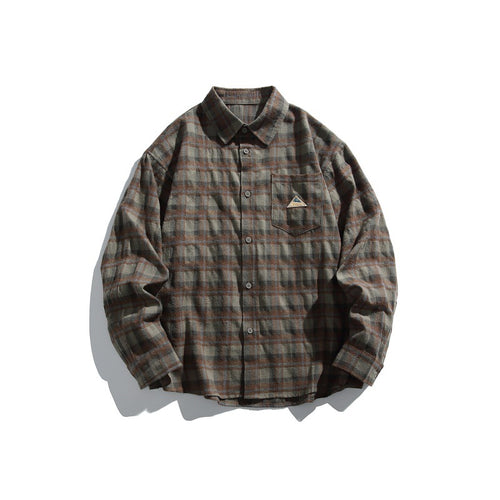 Pocket Embroidered Label Design Unisex Loose Plaid Long Sleeve Shirt